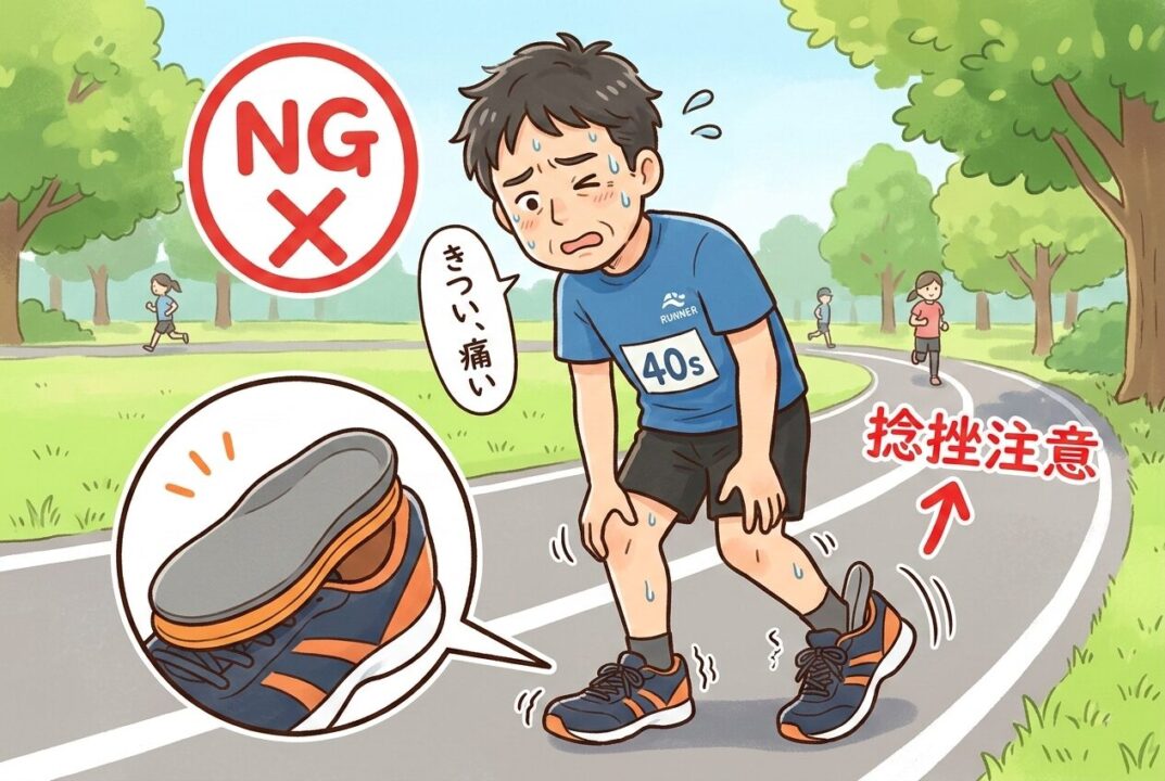 インソールの2枚重ねで靴がパンパンになり、足に痛みを感じて困っているランナーのイラスト