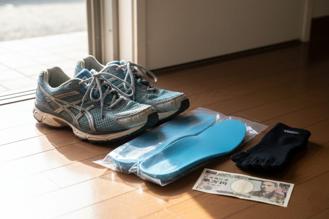 玄関に置かれた古いスニーカーと新しいインソール、5本指ソックス、1000円札のイメージ