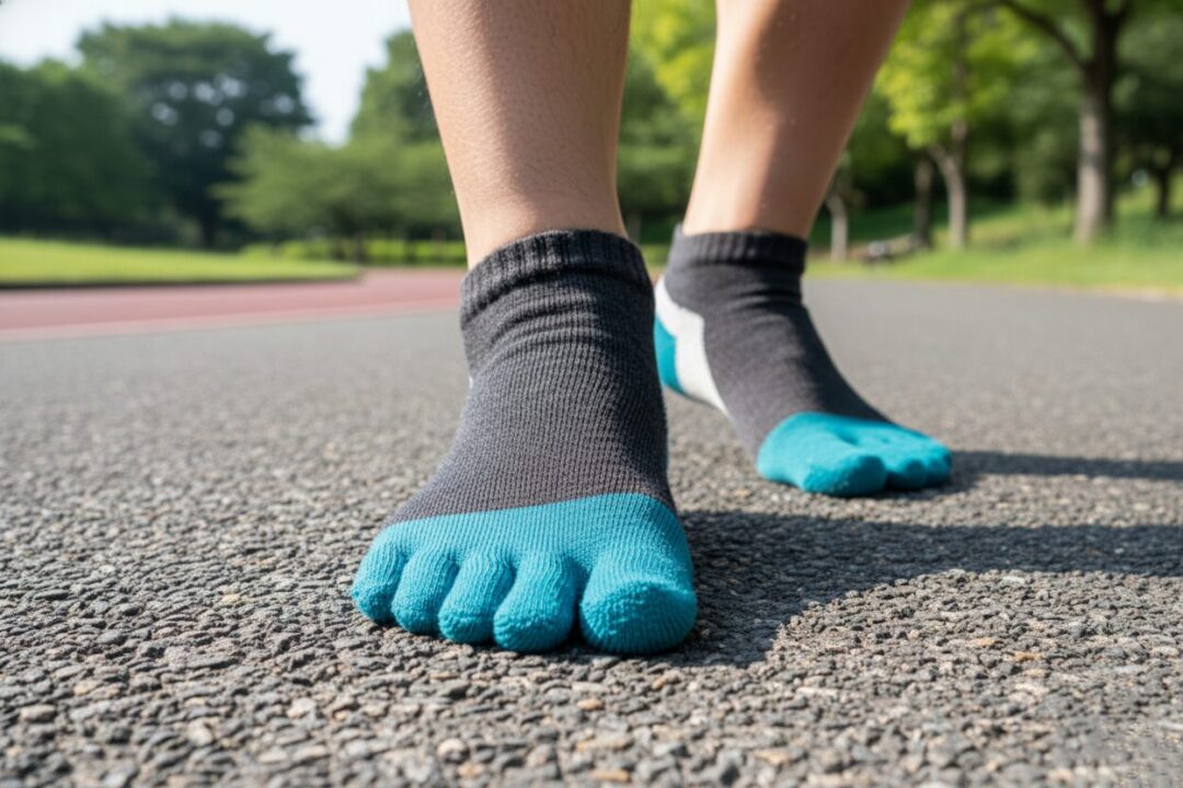 ワークマンの5本指ソックスを履き、地面を力強く掴んでいる足元の自撮り