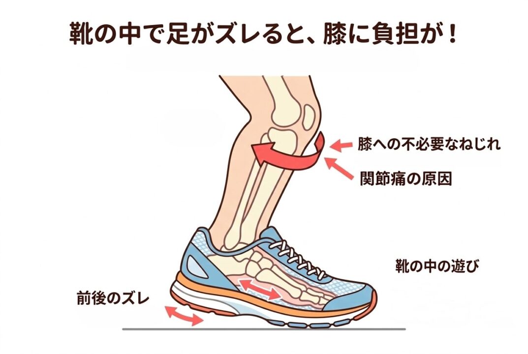 着地時にシューズの中で足がズレ、膝にねじれの負荷がかかっている解説図
