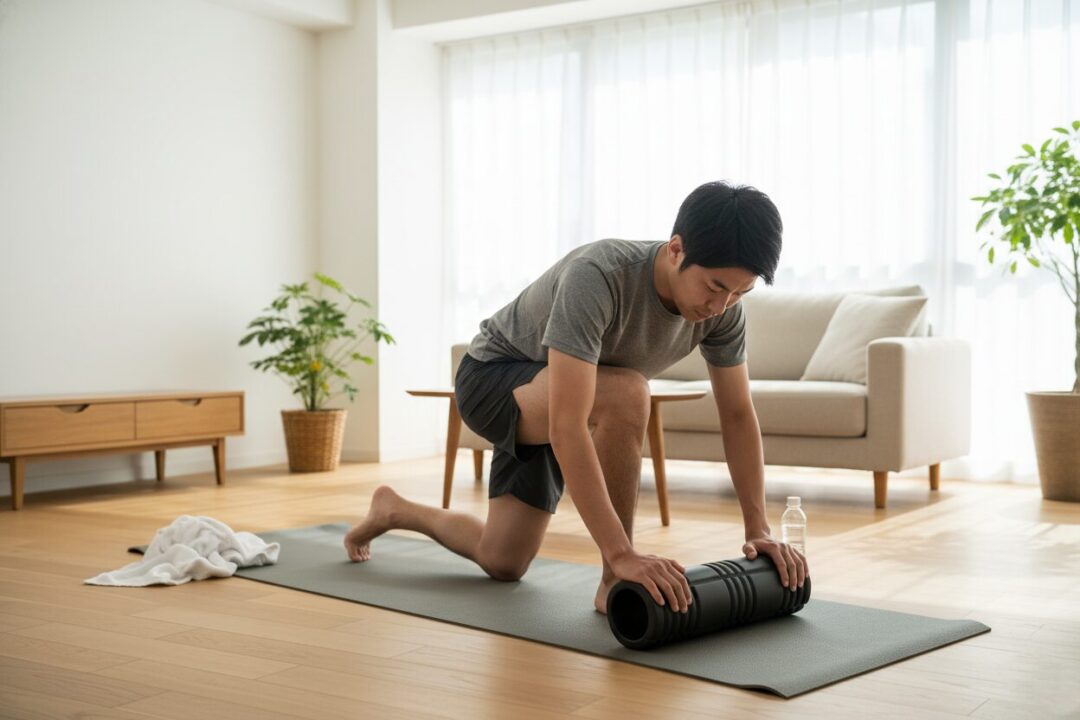 フォームローラーで前腿をほぐす様子。