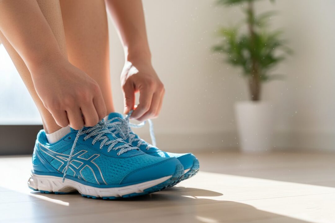 朝日を浴びながら、新調した青いランニングシューズの紐を丁寧に結ぶランナーの手元