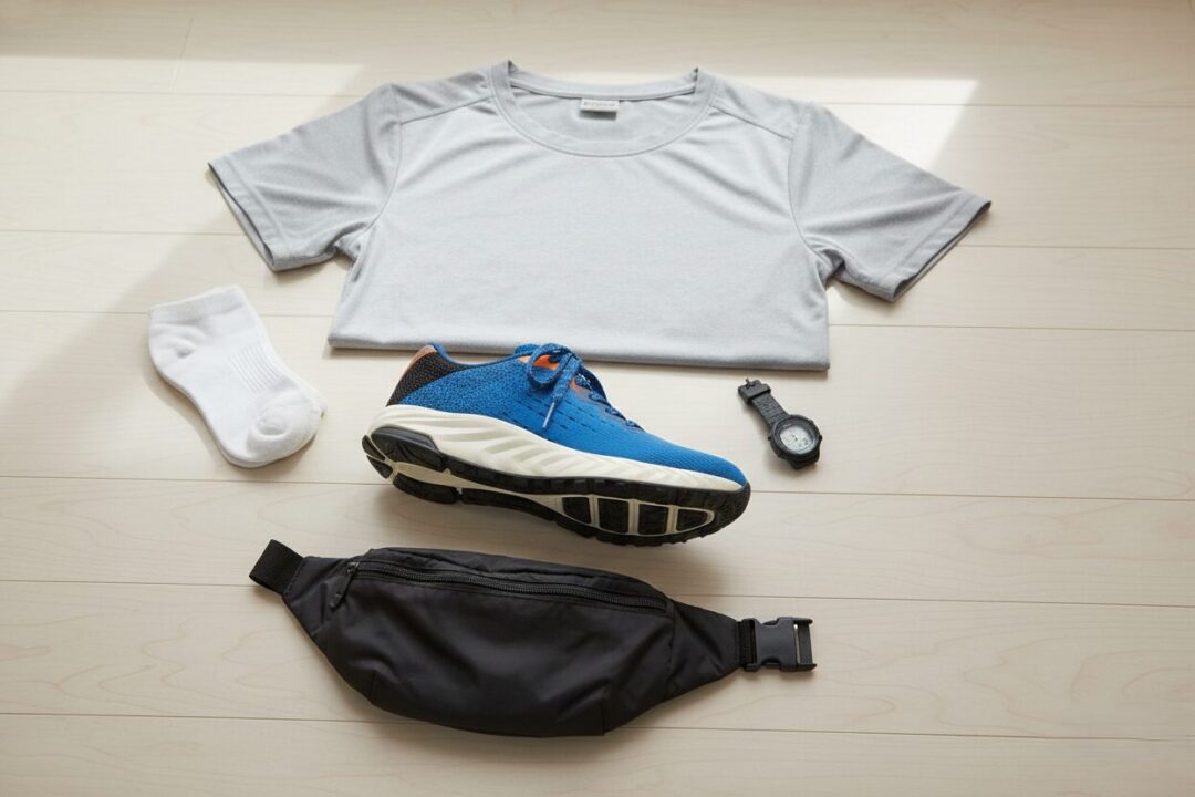 ワークマンのシューズと100均のポーチを並べた、親しみやすいランニング装備一式