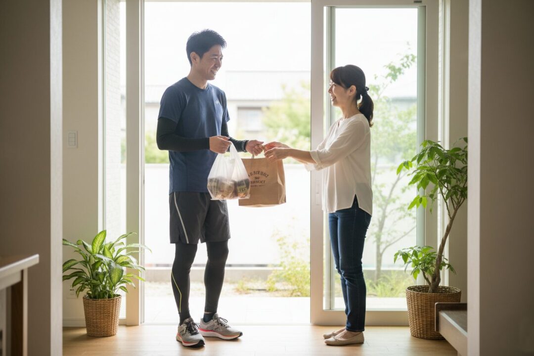 ランニング帰りにお土産の袋を笑顔で家族に渡す40代男性ランナー