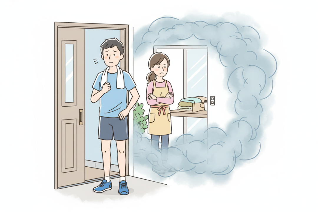 玄関で不機嫌な妻と、気まずそうに立ち尽くすランナーのイラスト