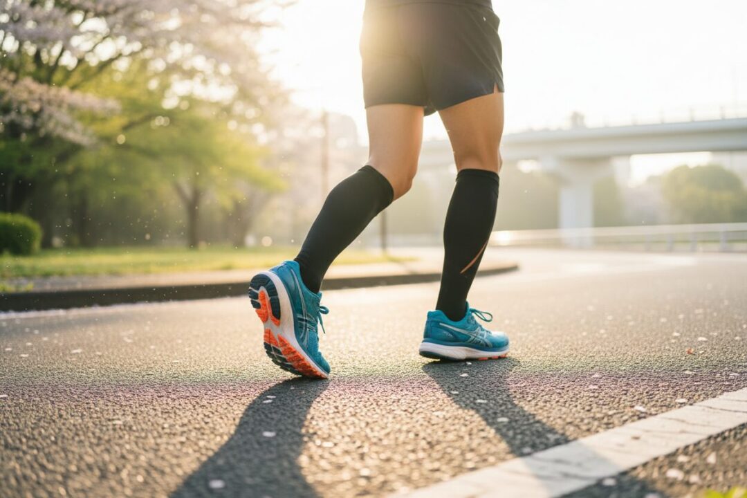 朝靄の中、アスファルトを軽やかに駆け抜ける40代ランナーの足元