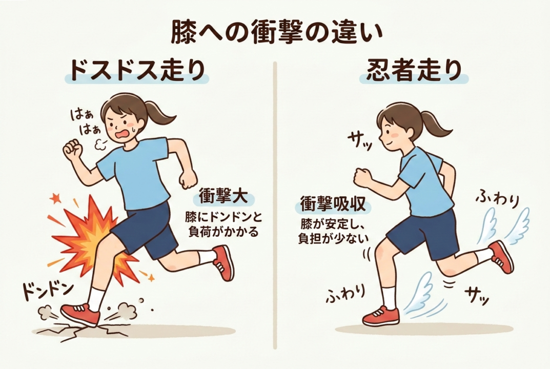 ドスドス走りと忍者走りの着地衝撃の違いを比較した図解