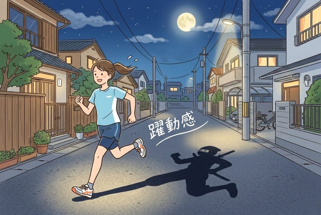夜の住宅街を音もなく静かに走り去る忍者のシルエットとランナーの合成