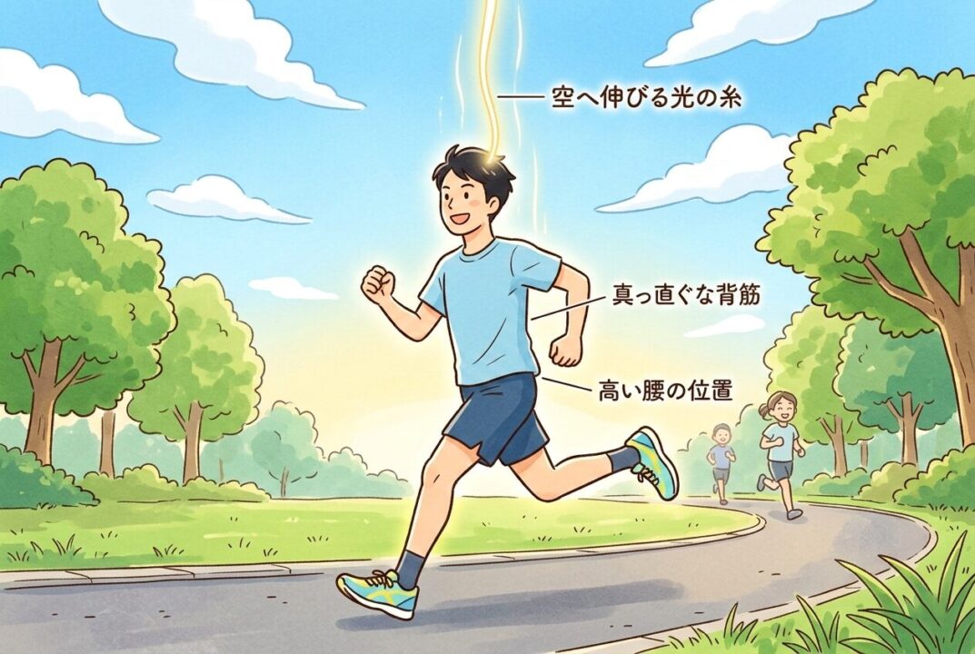 頭のてっぺんから糸で吊り下げられ、重心が高く保たれているランナーの図