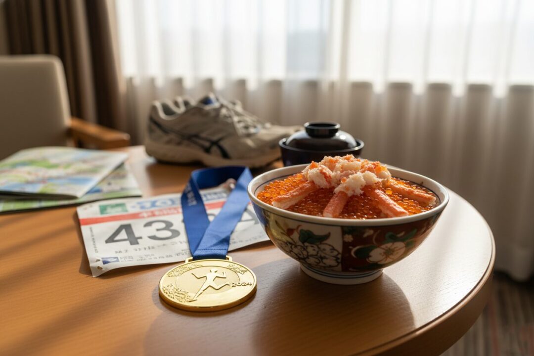 マラソン大会の完走メダルと、ふるさと納税の返礼品である豪華な海鮮丼が並んだ旅先の食卓
