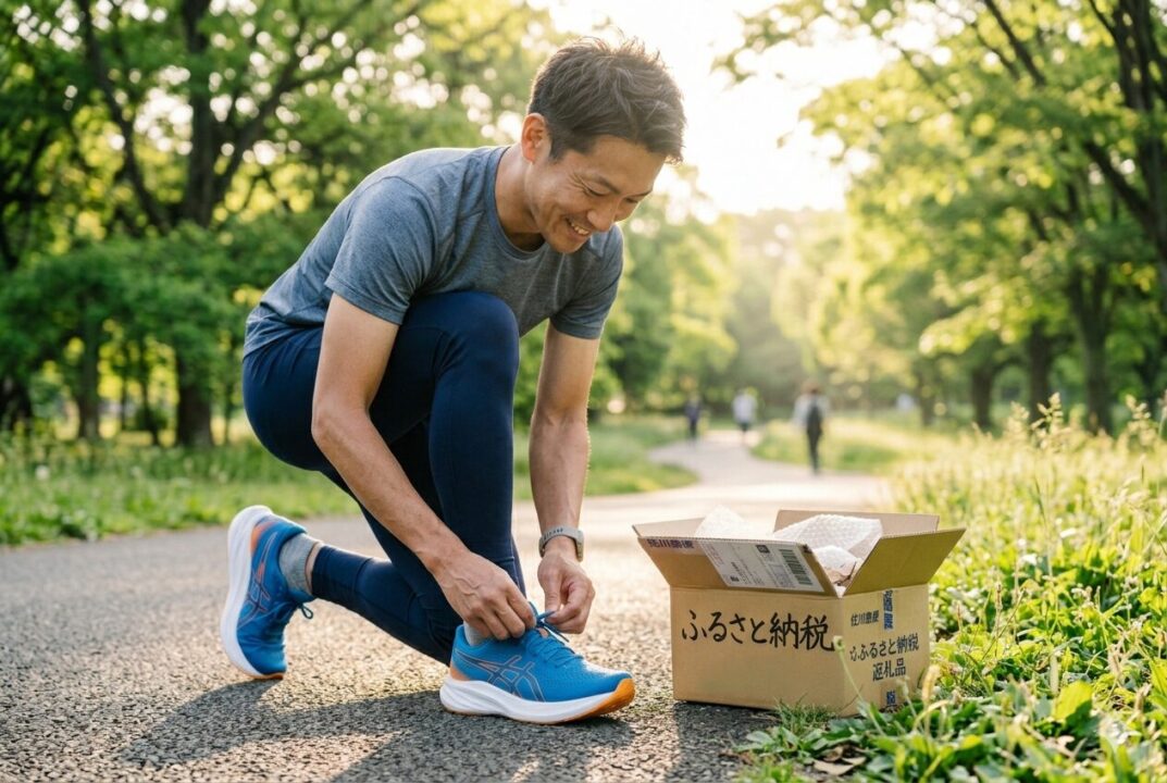 ふるさと納税で届いた新しいランニングシューズを履いて、朝日の中で走り出す40代男性ランナーの足元