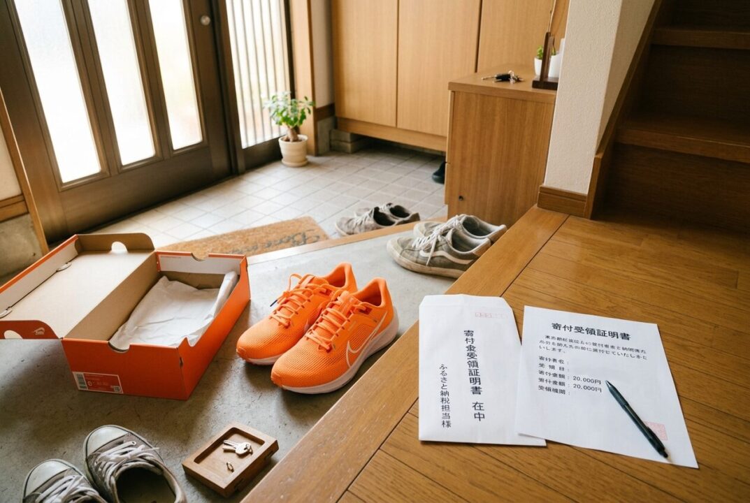 自宅の玄関に届いたばかりの新品のランニングシューズと、自治体からの寄付金受領証明書