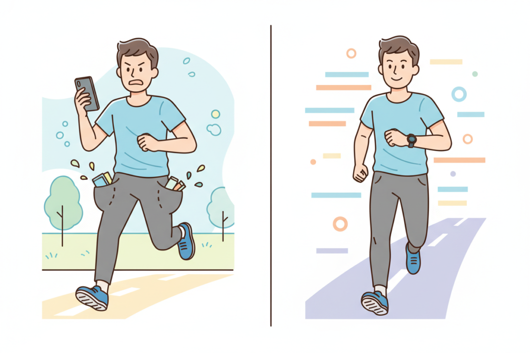 重いスマホを持って苦悶の表情で走るランナーと、GPSウォッチ1つで軽快に走る笑顔のランナーの比較図