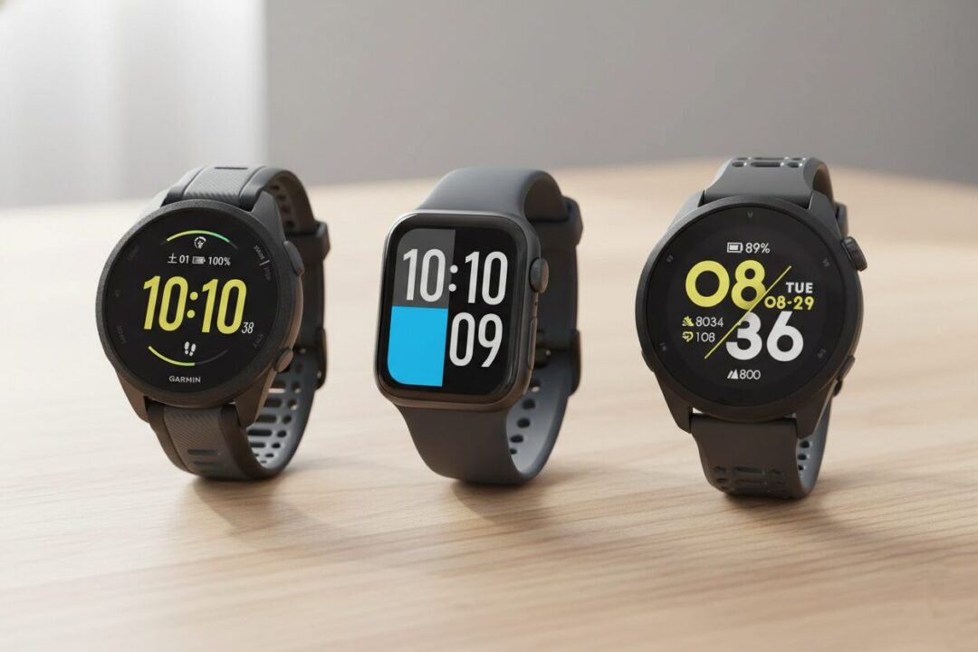Garmin、Apple Watch、COROSの3機種が並んだ比較イメージ