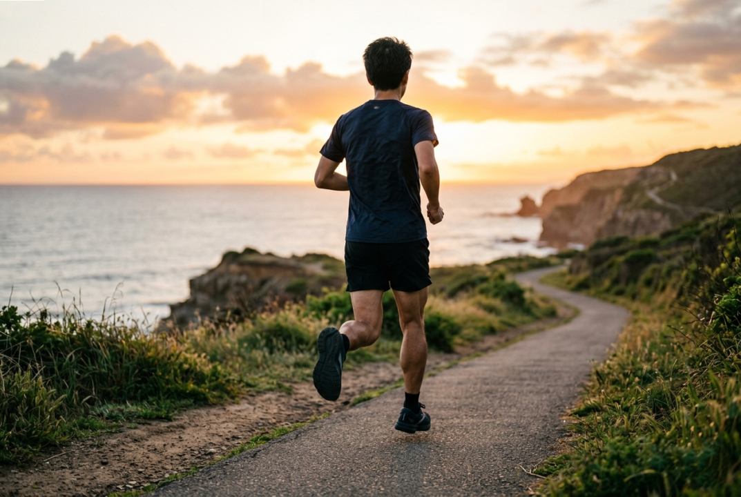 朝焼けの中、Tシャツと短パンの軽装で軽やかに駆け抜けるランナーの後ろ姿
