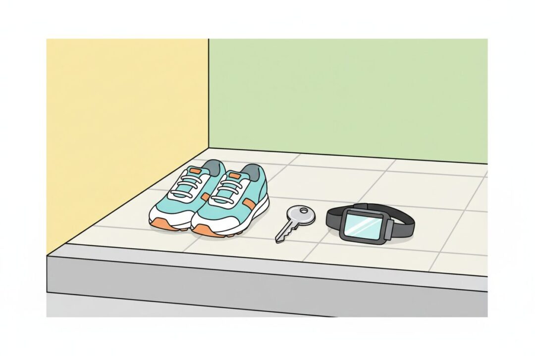 玄関に用意されたシューズ、鍵、スマホのミニマルなセットの図解