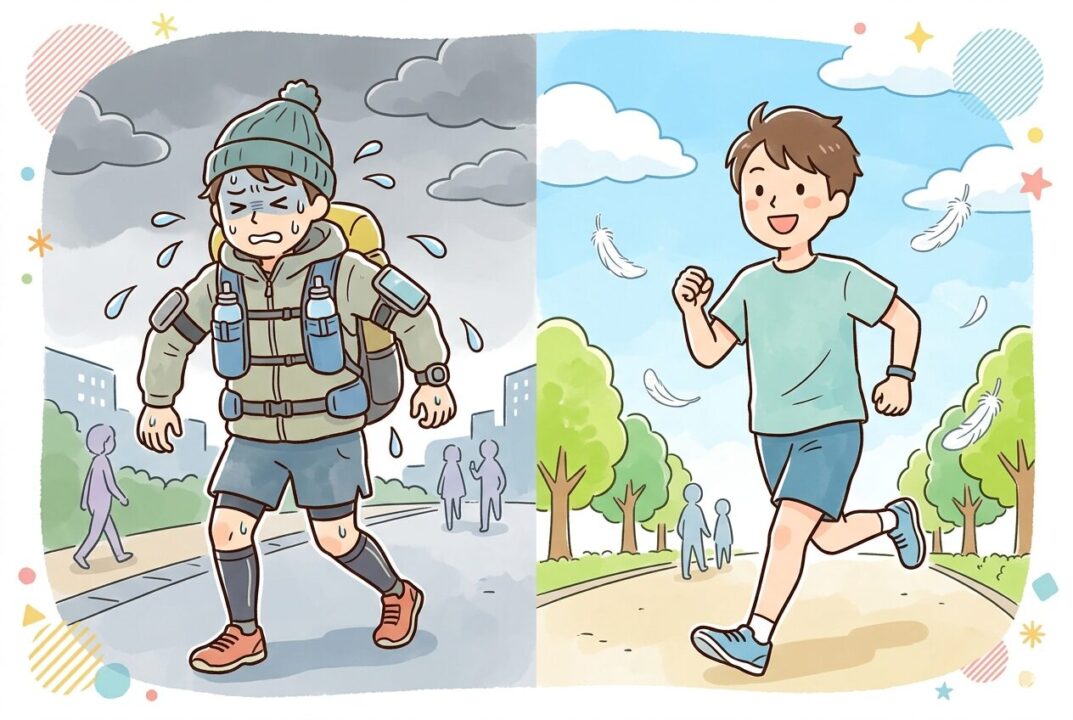 荷物に押しつぶされそうなランナーと、羽が生えたように軽いランナーの対比図