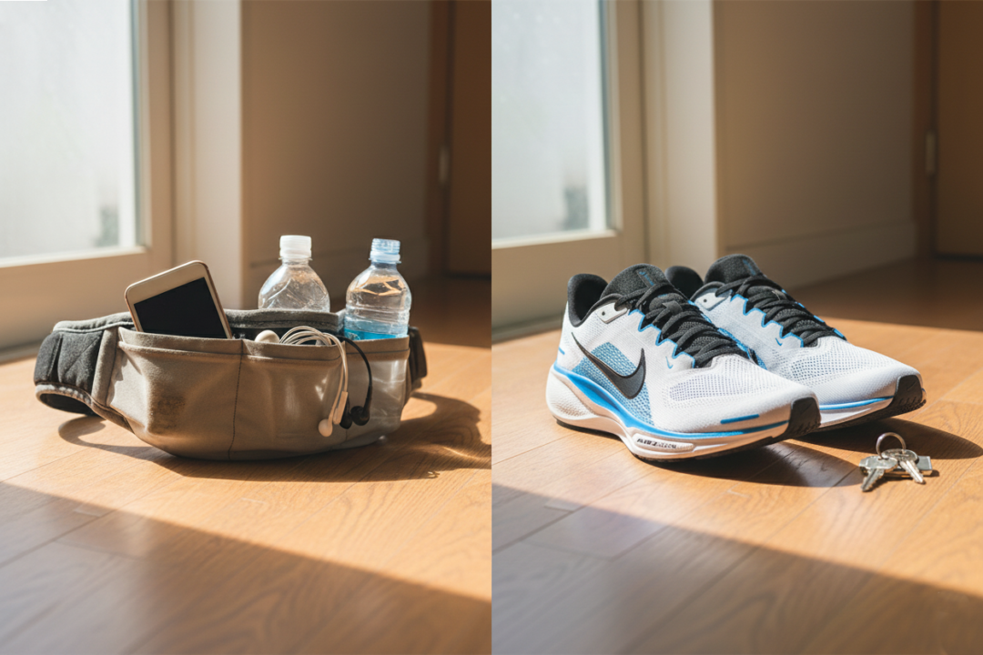 重くてパンパンに膨らんだランニングポーチと、シンプルな靴と鍵だけの比較画像