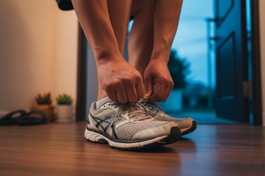 夕暮れの玄関でランニングシューズの紐を締める40代男性の足元。背景に「着替えるだけで、勝てる。」の文字。