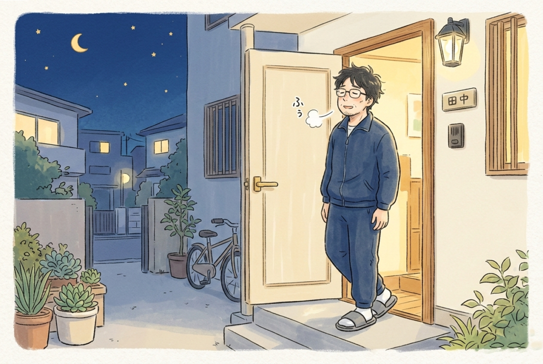 玄関からサンダルで一歩踏み出し、夜風を感じてホッとしている男性のイラスト。
