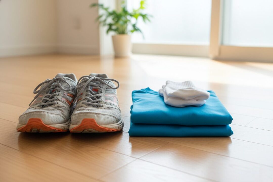 玄関の隅に丁寧にセットされたランニングウェアと使い込まれたシューズ。