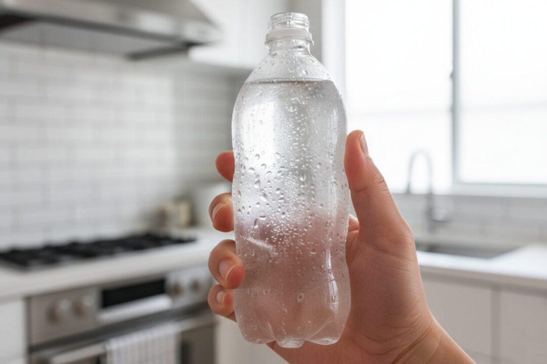 冷蔵庫でキンキンに冷えた強炭酸水と、走り終えて汗をかいた男性の手。