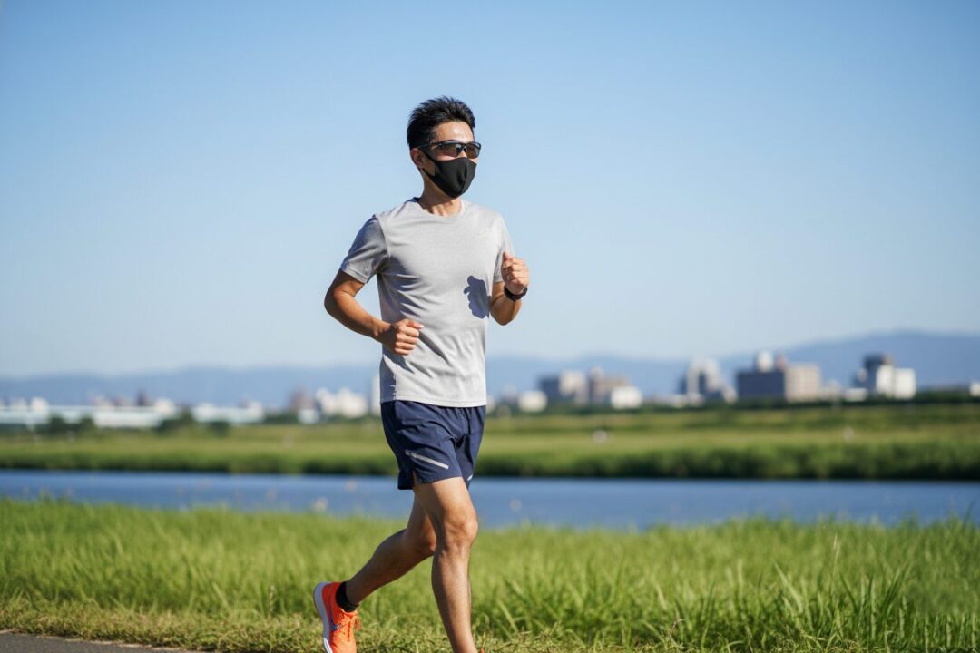 花粉症対策をして爽快に走る40代男性ランナー