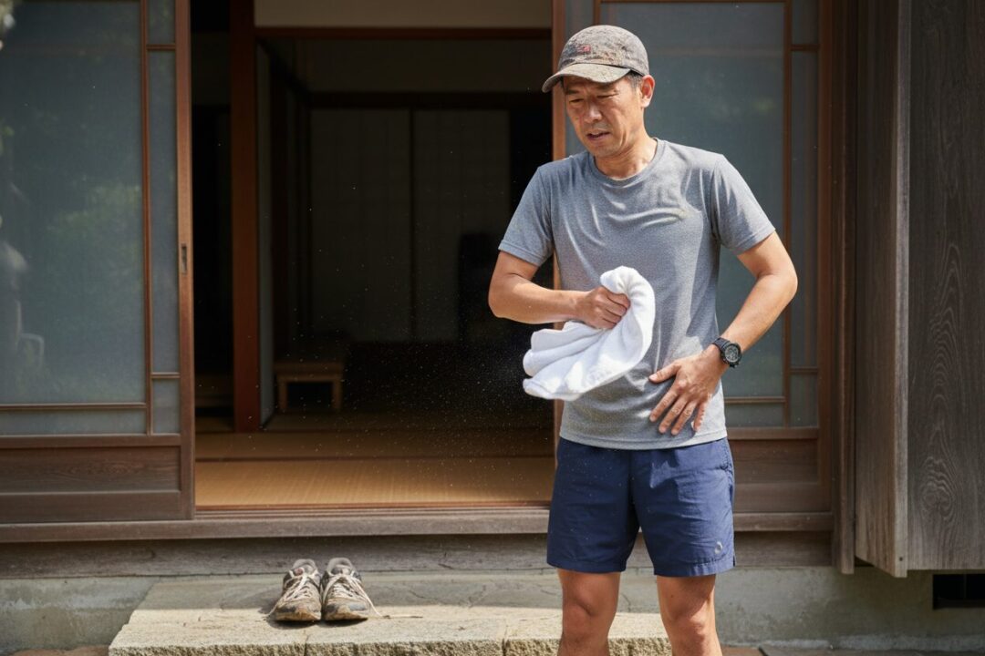 玄関先でウェアの花粉を払う泥臭い様子
