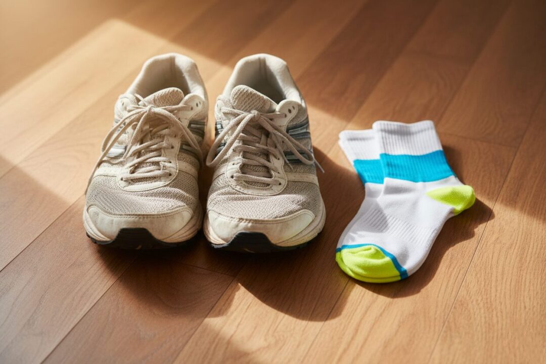 ホコリを被ったランニングシューズと新しい靴下、朝日が差し込む玄関