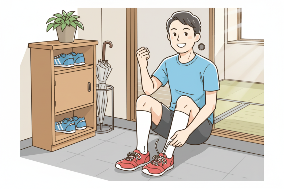 玄関でランニングシューズを履いて満足げな表情を浮かべる40代男性