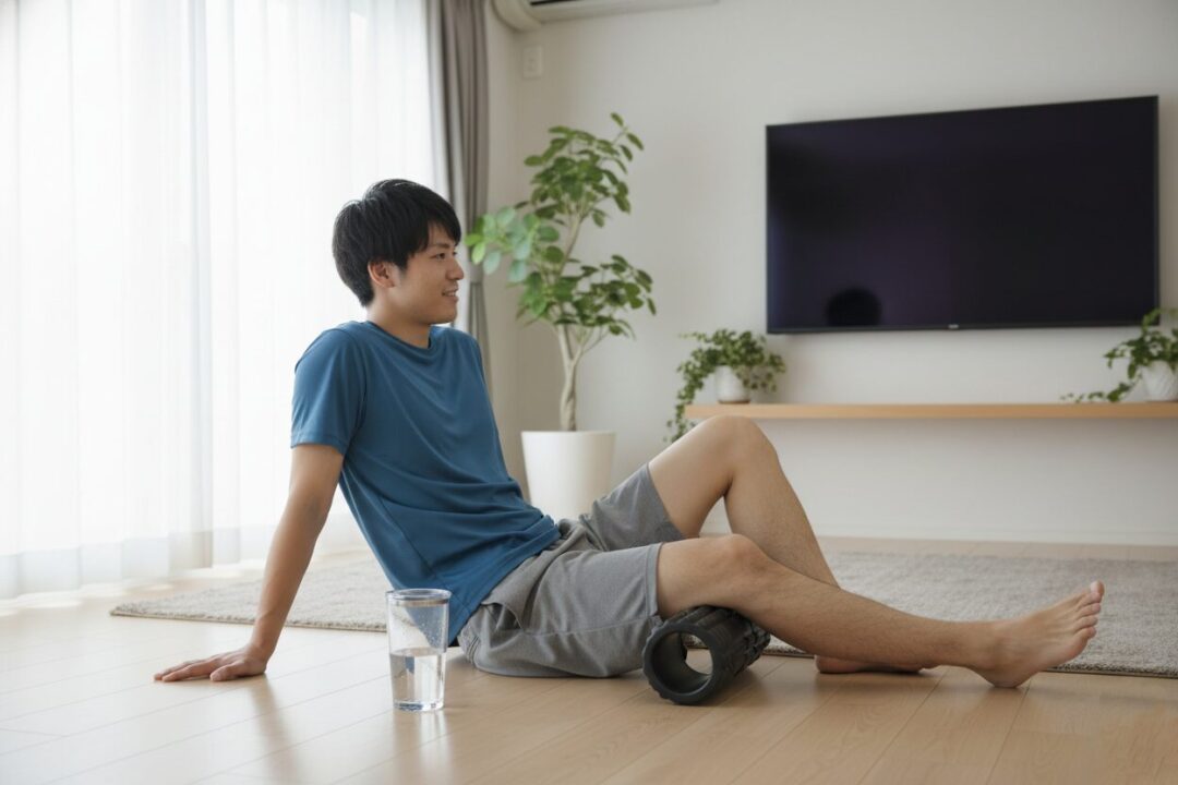 リビングでフォームローラーを使いリラックスしている様子