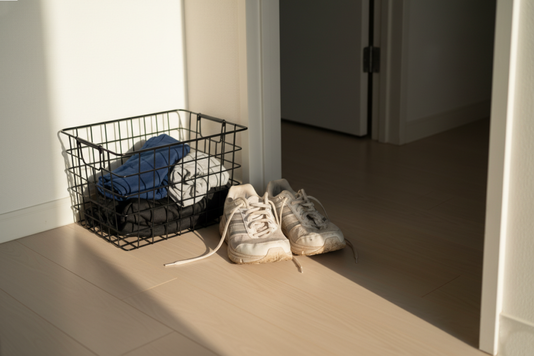 夕方の玄関に置かれた、100均のカゴに入ったランニングウェアと使い込まれたシューズ。