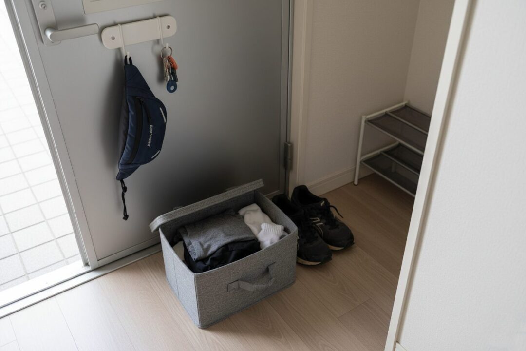 玄関ドアにS字フックで吊るされたランニングポーチと、カゴに入ったウェアのセット。