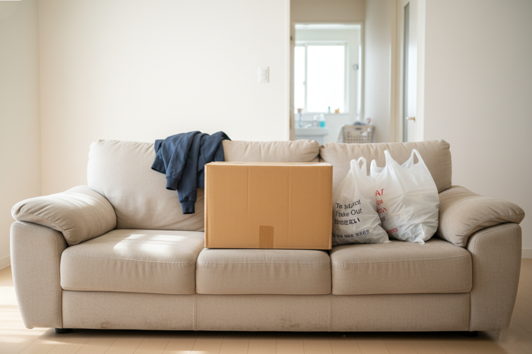 ソファの上に大きな荷物が置かれ、座れないようになっているリビングの様子。