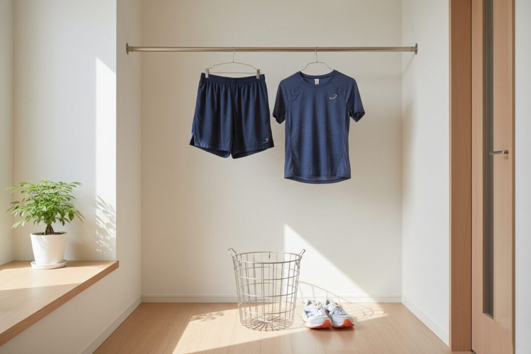 玄関近くの突っ張り棒に干されたランニングウェアと、その真下にある収納カゴ。