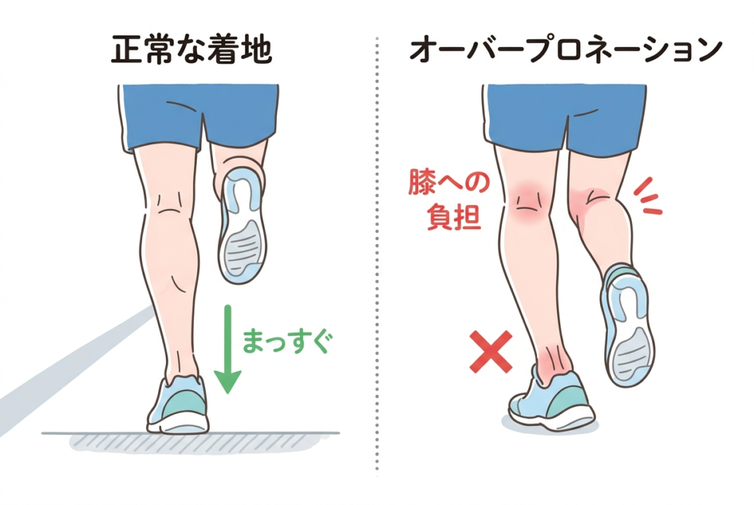 オーバープロネーション(足首の内側への倒れ込み)の図解イラスト。