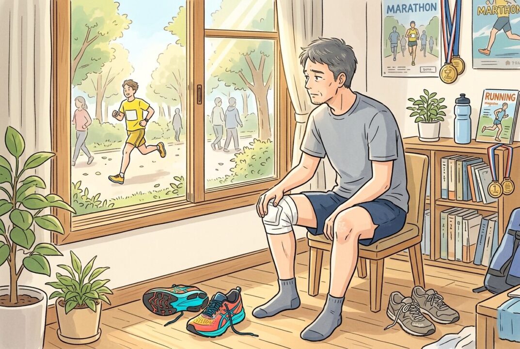 シューズ選びに失敗し、膝を痛めて落ち込むランナーのイラスト。