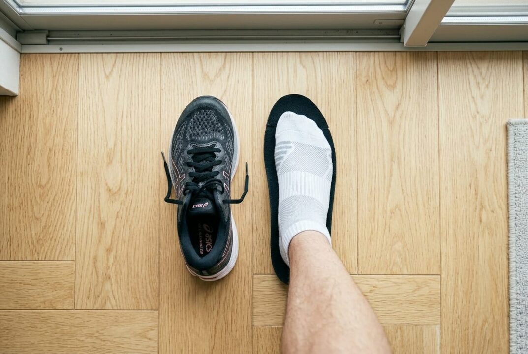 シューズのインソールを取り出して足を乗せ、つま先の余裕を確認する様子