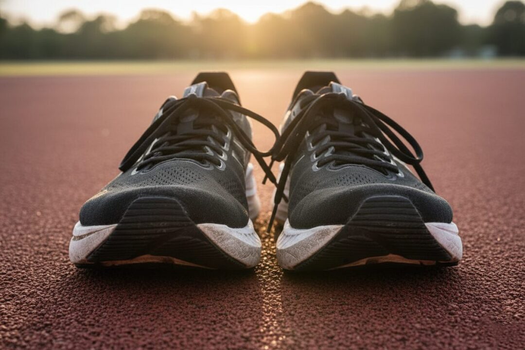 幅広設計のアシックス製ランニングシューズ。つま先部分のゆとりが強調されたアングル。