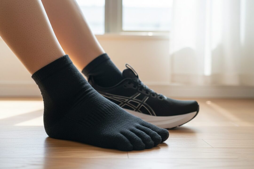 ランニング用の5本指ソックスを履いた足が、幅広シューズに収まっている様子。