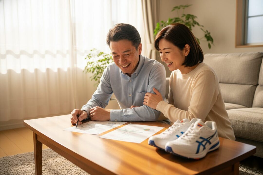 40代の夫婦が健康診断の結果を見ながら、新しいランニングシューズを前に談笑している様子