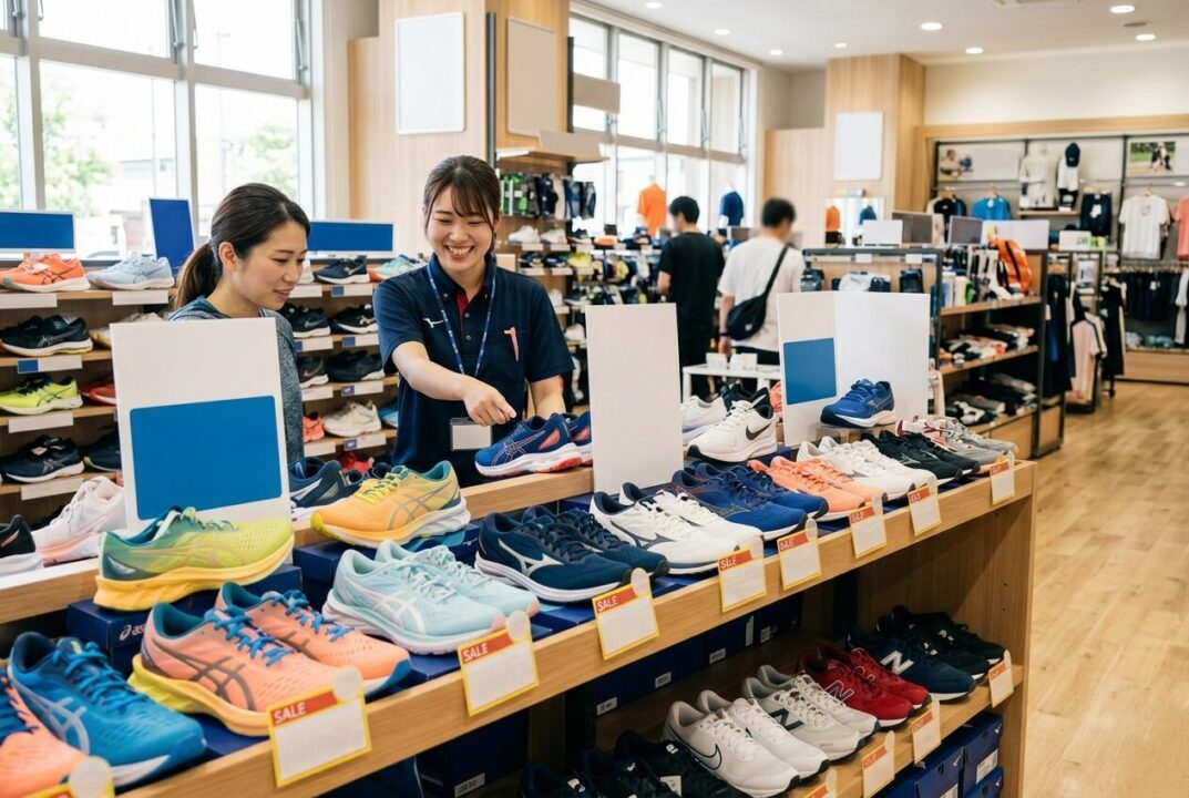 スポーツショップのセール棚に並ぶ、お買い得な型落ちのランニングシューズ