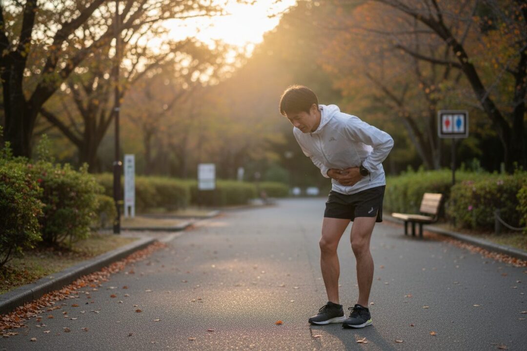 夕暮れの公園で、お腹を押さえて立ち止まり苦悶の表情を浮かべる40代の男性ランナー