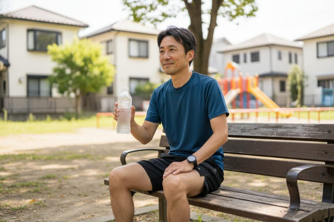 走り終えた後、ベンチで常温のペットボトルを手に一息つく男性の日常風景