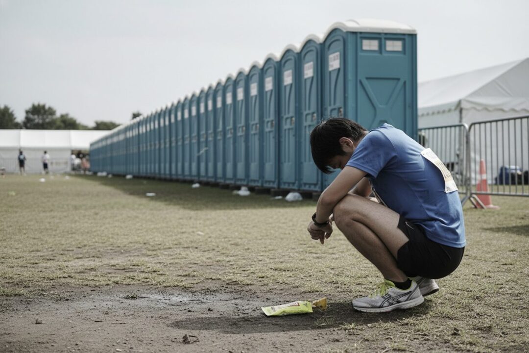 マラソン大会の仮設トイレの前で、膝に手をついてうずくまるランナーの背中