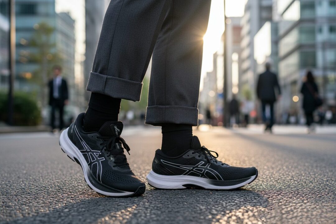 スーツのズボンをまくり、ランニングタイツとシューズが見える足元のアップ