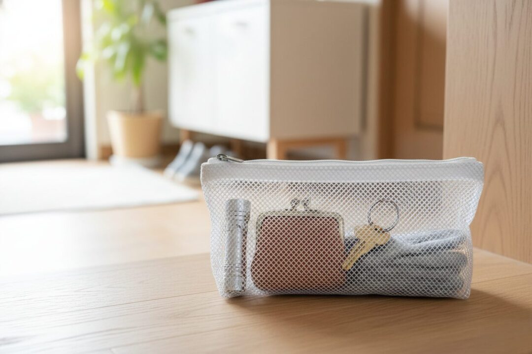 100均のポーチにまとめられたランニング小物セット