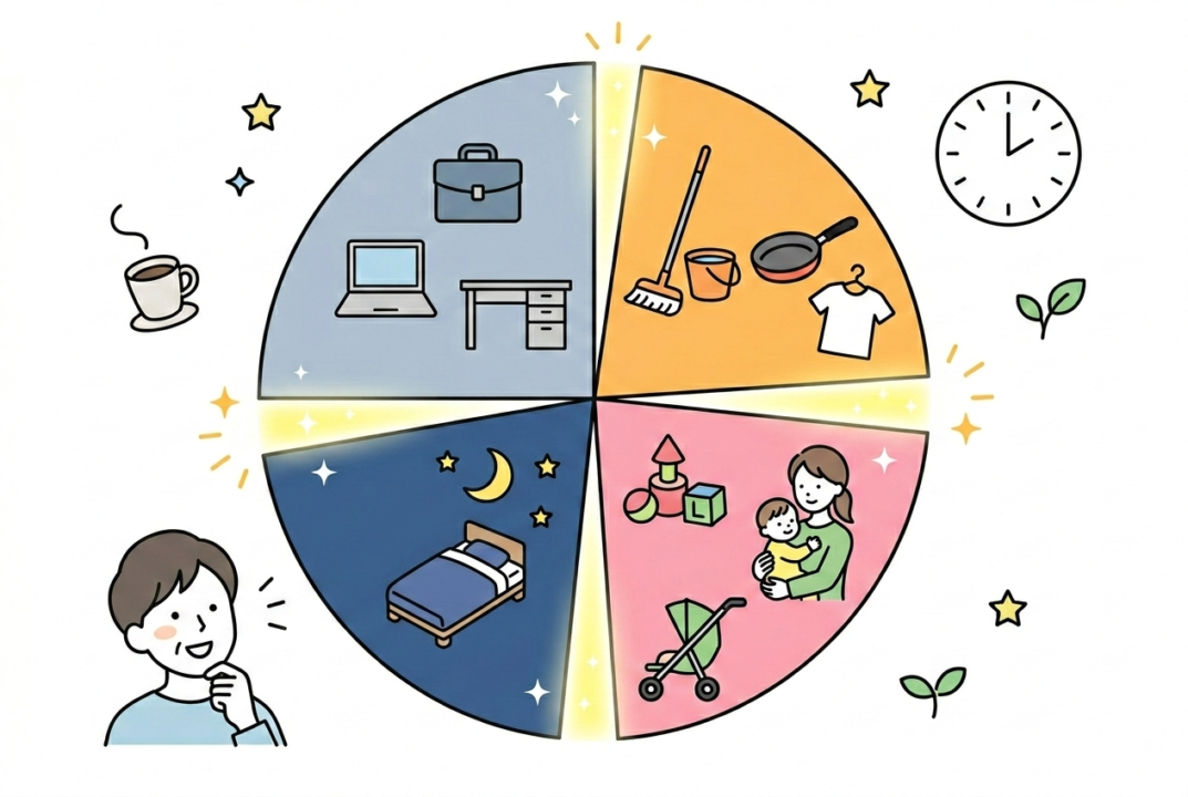 忙しい40代の1日の円グラフと、光る15分のスキマ時間の図解