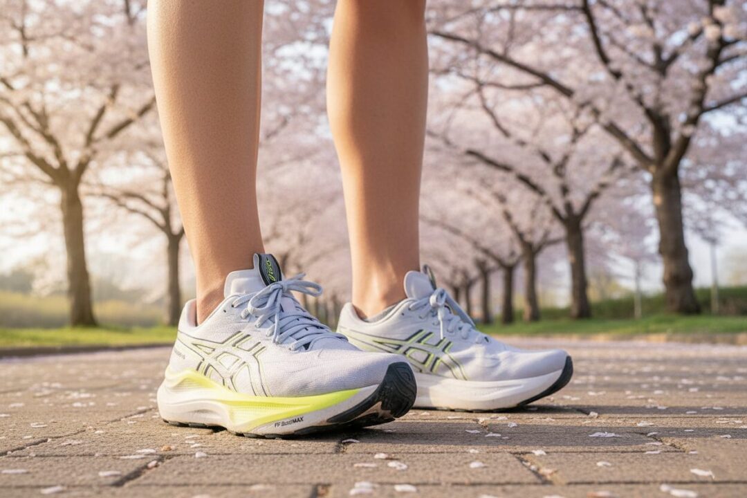 桜並木を背景に、使い込まれたシューズで踏み出す足元