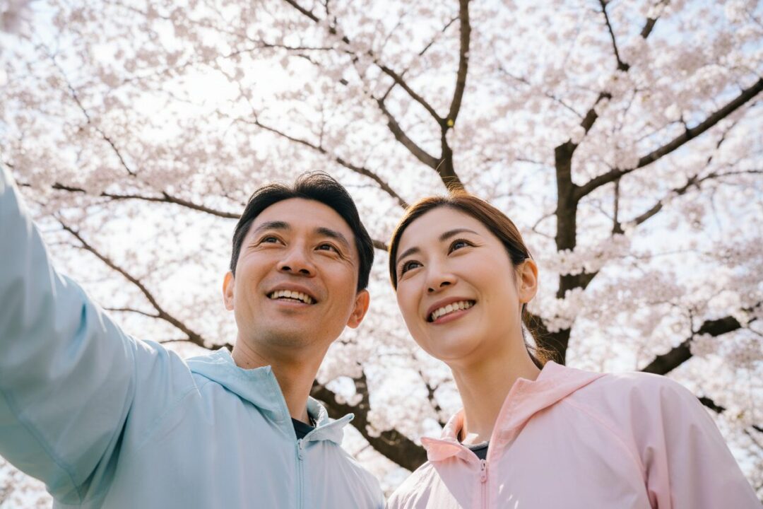 ジャケットを羽織り桜を見上げる自撮り